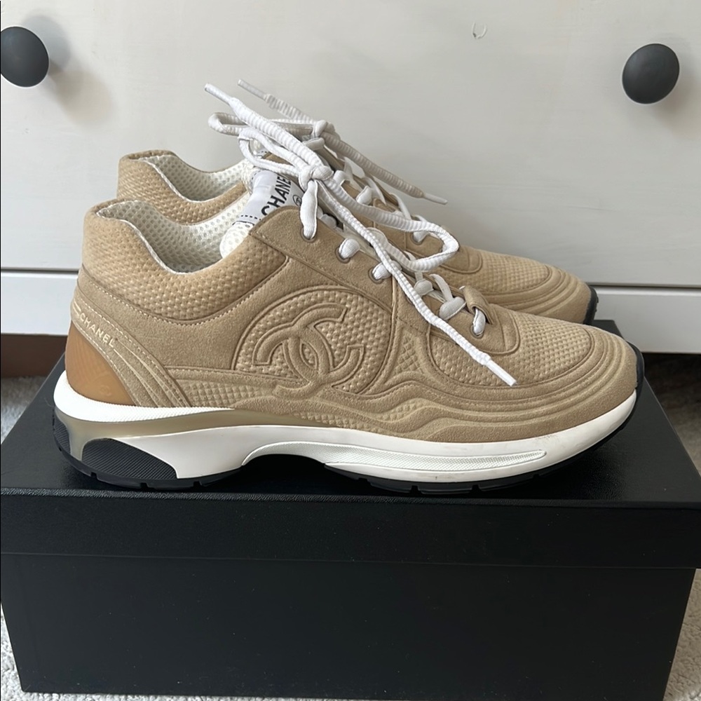 CHANEL Tan Sneakers with White Accents
